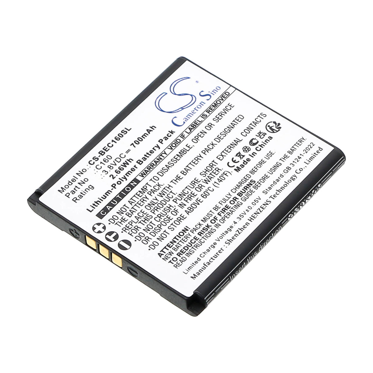 3,8V, Li-Polymère, 700mAh, Batterie pour mobile, smartphone adaptée à Bea-fon, C160, C160, C160 Schwarz, 2,66Wh Mobile, Smartphone Cameron Sino Technology Limited (Smartphone)