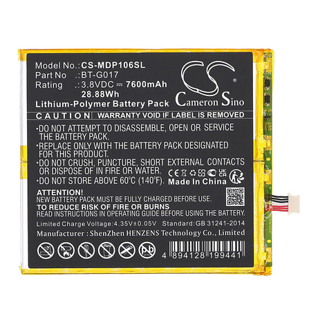 3.8V, Li-Polymer, 7600mAh, Tablet Battery fits Medion, Lifetab P10602, 28.88Wh Tablet Cameron Sino Technology Limited