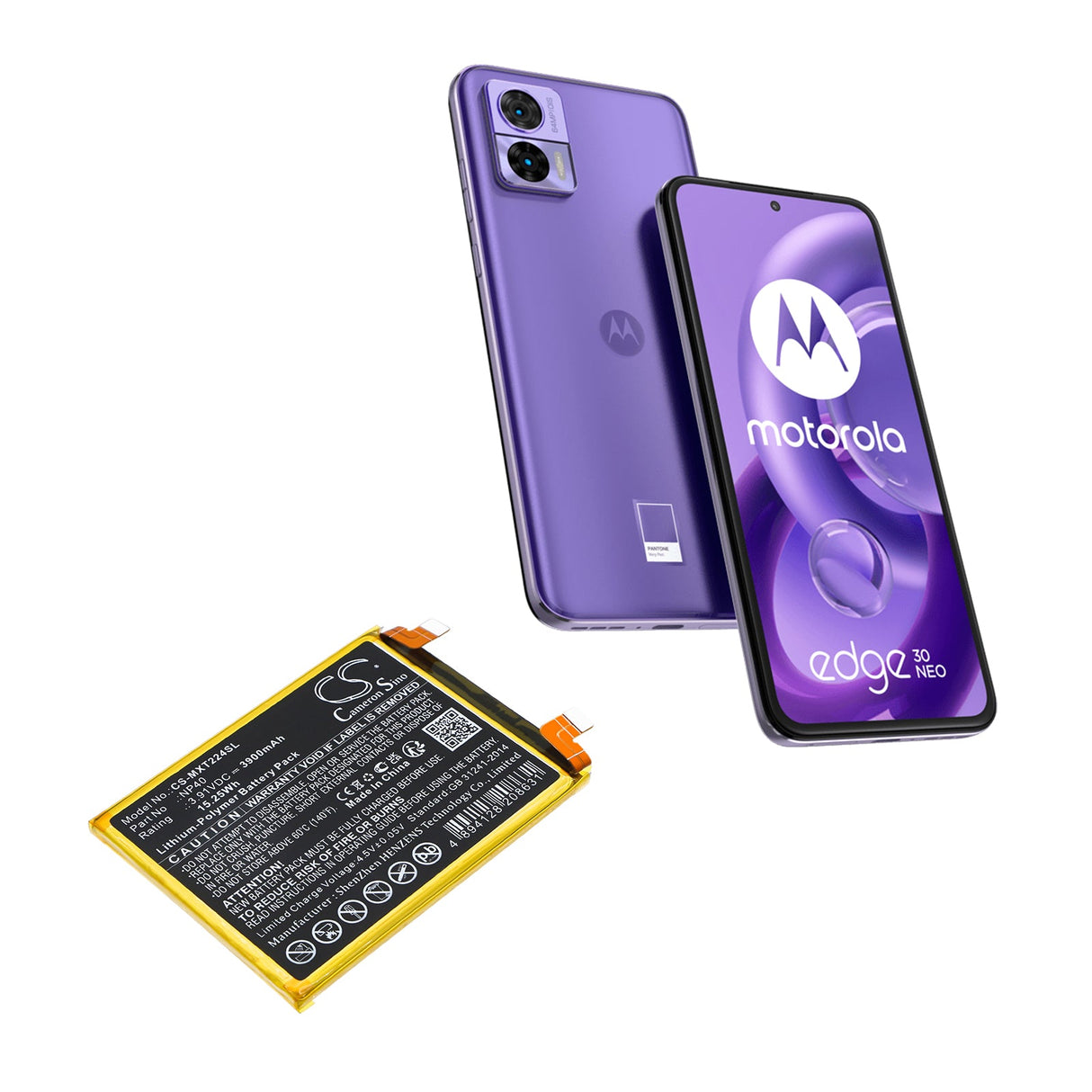 3.91V, Li-Polymer, 3900mAh, SmartPhone battery fits Motorola, Np40, Edge 30 Neo, Xt2245, 15.25Wh Mobile, SmartPhone Cameron Sino Technology Limited (Smartphone)