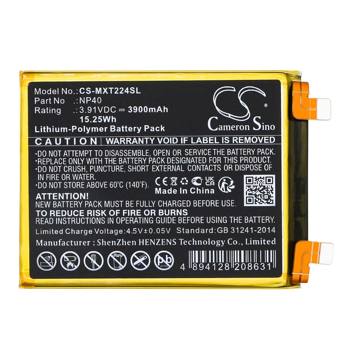 3.91V, Li-Polymer, 3900mAh, SmartPhone battery fits Motorola, Np40, Edge 30 Neo, Xt2245, 15.25Wh Mobile, SmartPhone Cameron Sino Technology Limited (Smartphone)