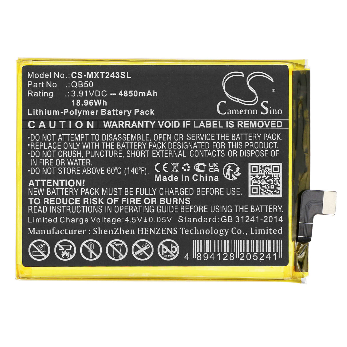 3.91V, Li-Polymer, 4850mAh, SmartPhone battery fits Motorola, Qb50, Moto G84 5g, Xt2347, 18.96Wh Mobile, SmartPhone Cameron Sino Technology Limited (Smartphone)
