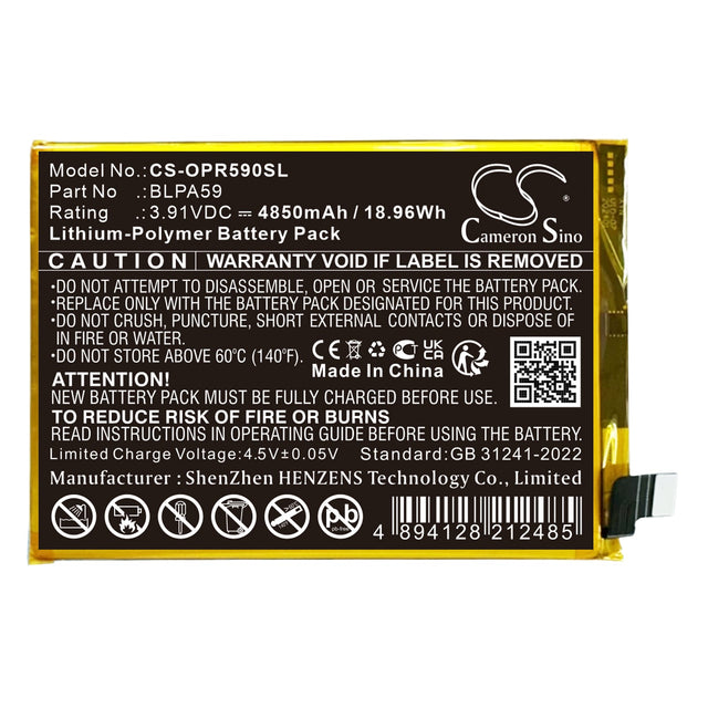 3,91V, Li-Polymer, 4850mAh, Mobile, Batterie de SmartPhone compatible Oppo, Cph2625, Reno12, 18,96Wh Mobile, SmartPhone Cameron Sino Technology Limited (Smartphone)