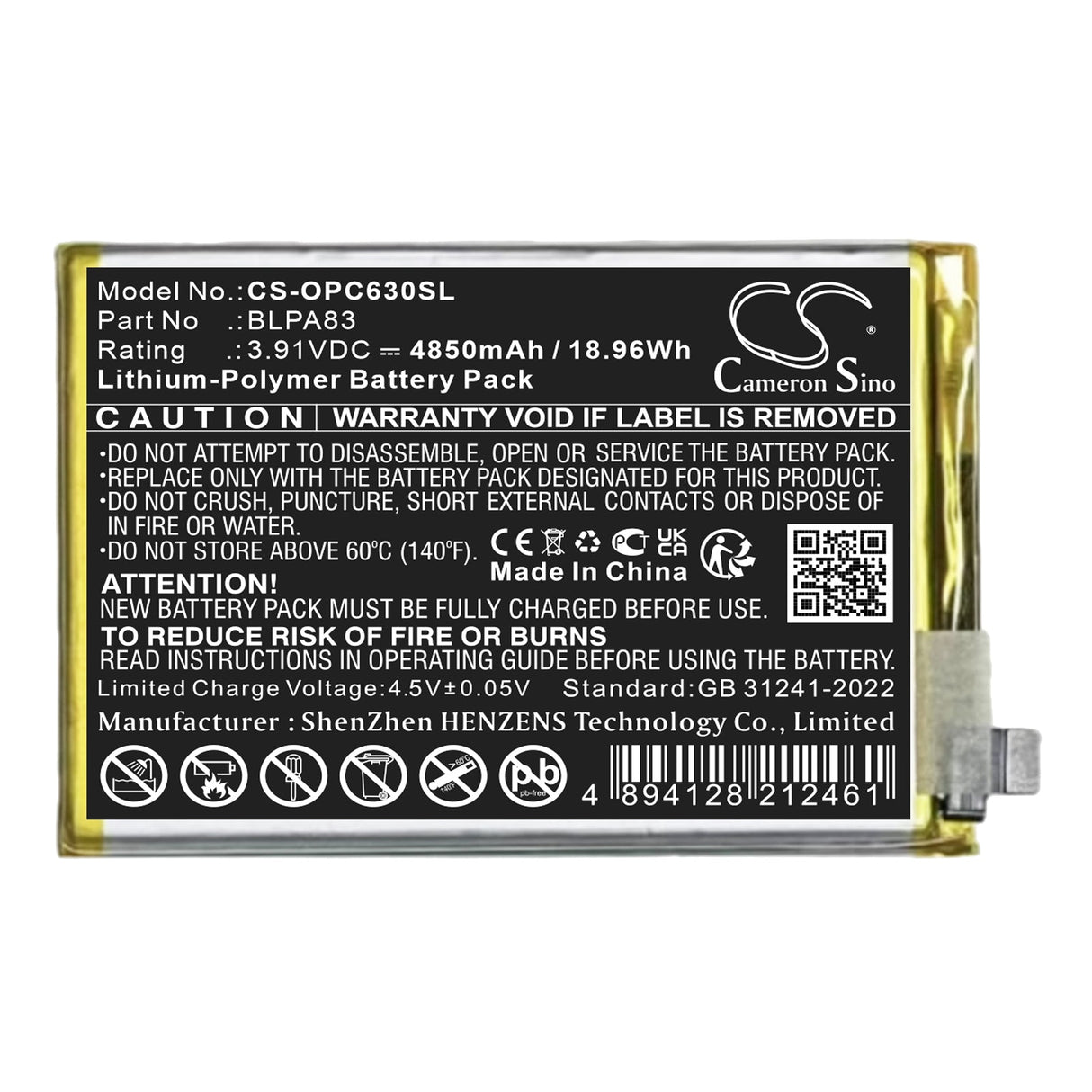 3.91V, Li-Polymer, 4850mAh, Batterie de téléphone mobile, smartphone compatible avec Oppo, Realme C61, Realme C63, 18.96Wh Mobile, Smartphone Cameron Sino Technology Limited (Smartphone)