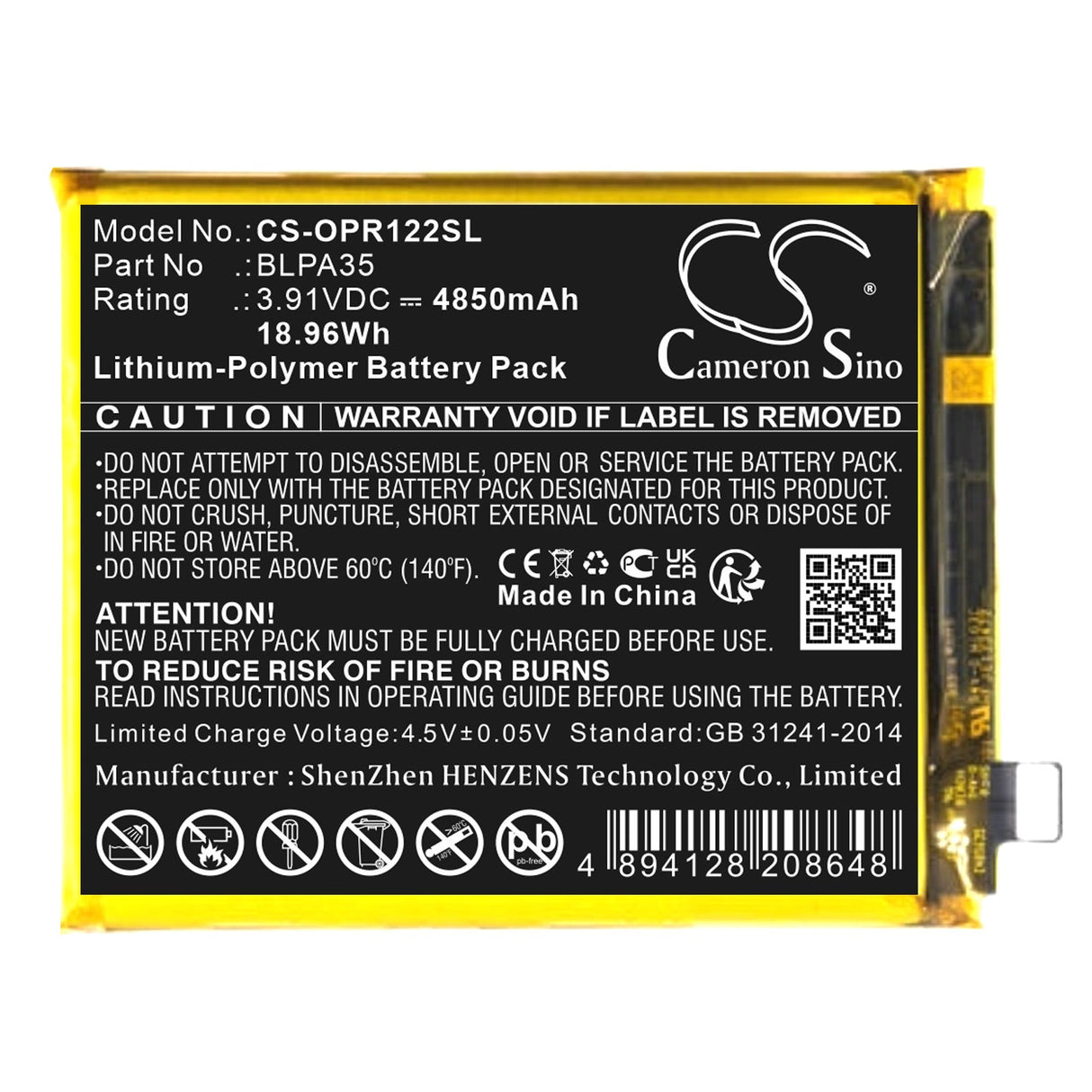 3,91V, Li-Polymer, 4850mAh, batterie de smartphone compatible Realme, Oppo, Blpa35, Realme 12 Pro Plus, 18,96Wh Mobile, Smartphone Cameron Sino Technology Limited (Smartphone)