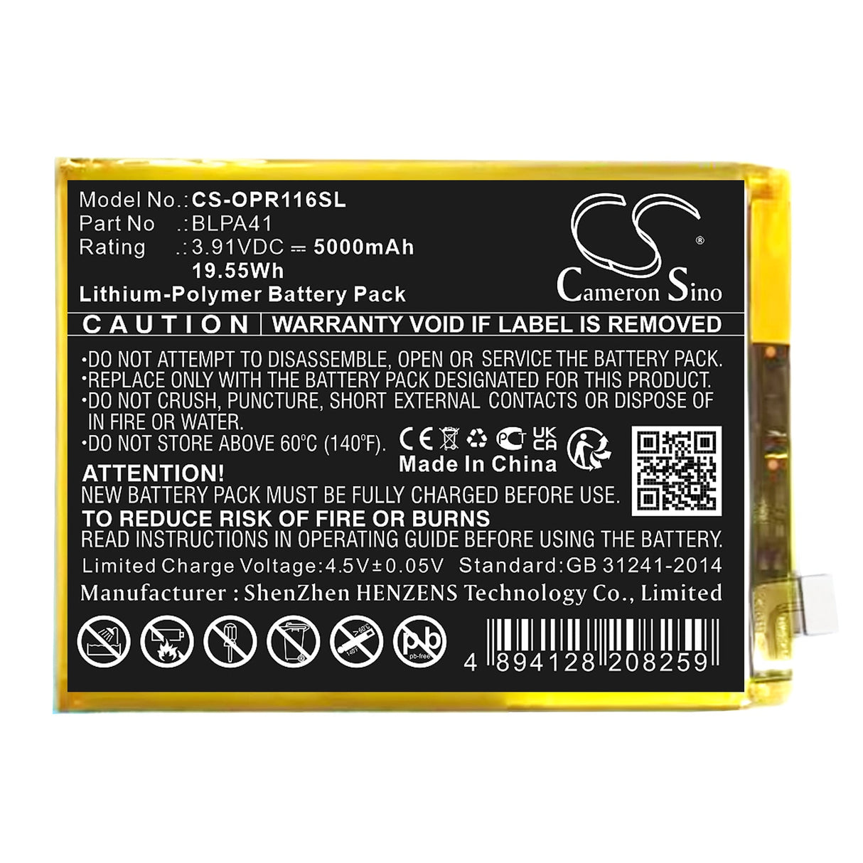 3,91V, Li-Polymer, 5000mAh, batterie de smartphone pour Oppo, Blpa41, Reno 11f, Reno 11f 5g, 19,55Wh Mobile, Smartphone Cameron Sino Technology Limited (Smartphone)