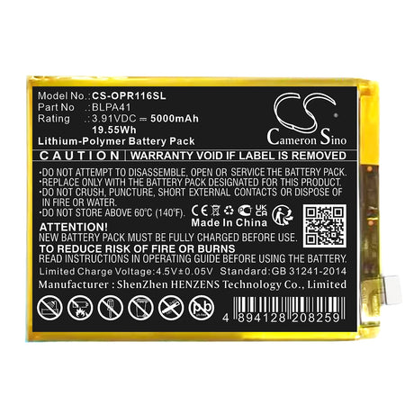 3,91V, Li-Polymer, 5000mAh, batterie de smartphone pour Oppo, Blpa41, Reno 11f, Reno 11f 5g, 19,55Wh Mobile, Smartphone Cameron Sino Technology Limited (Smartphone)