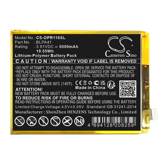 3,91V, Li-Polymer, 5000mAh, batterie de smartphone pour Oppo, Blpa41, Reno 11f, Reno 11f 5g, 19,55Wh Mobile, Smartphone Cameron Sino Technology Limited (Smartphone)