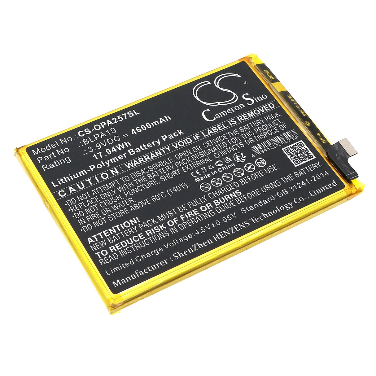 3.9V, Li-Polymer, 4600mAh, SmartPhone battery fits Oppo, Blpa19, A58, Cph2577, 17.94Wh Mobile, SmartPhone Cameron Sino Technology Limited (Smartphone)