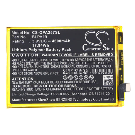3.9V, Li-Polymer, 4600mAh, SmartPhone battery fits Oppo, Blpa19, A58, Cph2577, 17.94Wh Mobile, SmartPhone Cameron Sino Technology Limited (Smartphone)