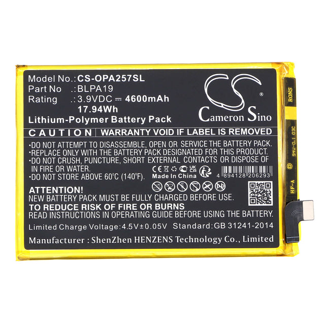 3.9V, Li-Polymer, 4600mAh, SmartPhone battery fits Oppo, Blpa19, A58, Cph2577, 17.94Wh Mobile, SmartPhone Cameron Sino Technology Limited (Smartphone)