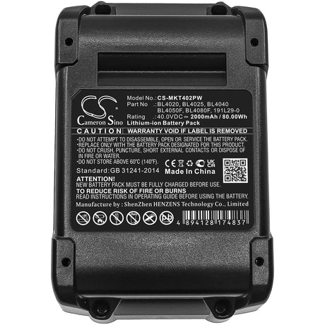 40.0V, Li-ion, 2000mAh, Power Tools battery fits Makita, 191l29-0, 40v Max Xgt, Cf001g, 80Wh Power Tools Cameron Sino Technology Limited (Power Tools)