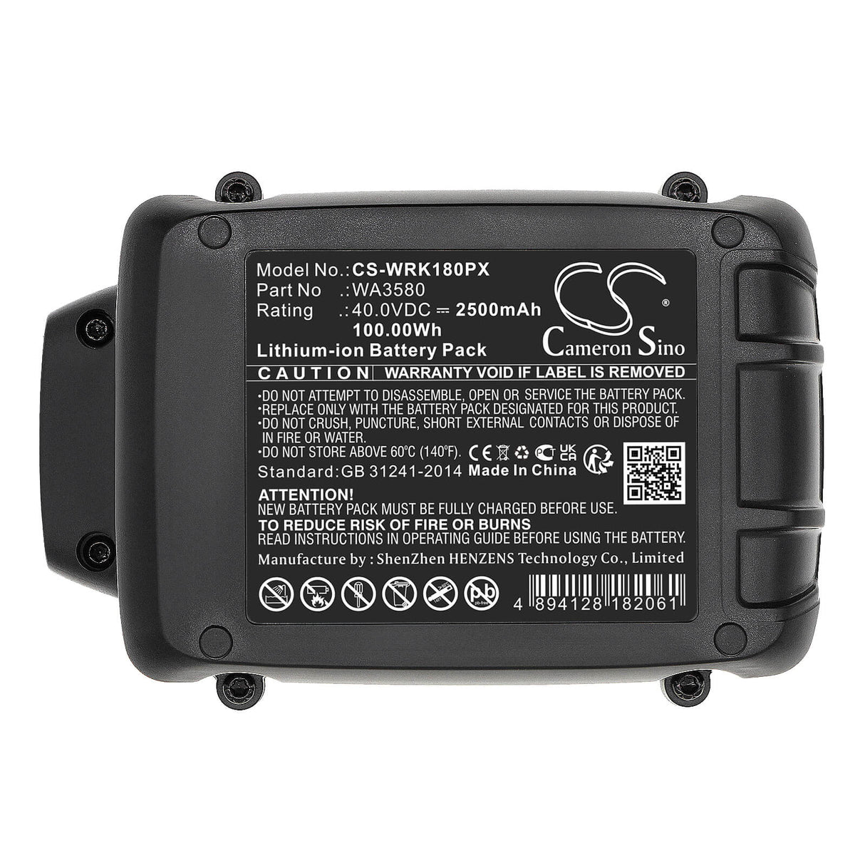 40.0V, Li-ion, 2500mAh, Power Tools battery fits Worx, Wa3580, Wa3747, Wa3877, 100Wh Power Tools Cameron Sino Technology Limited (Dangerous Goods)