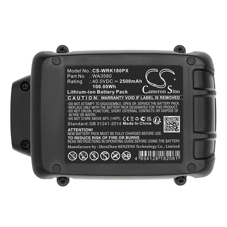 40.0V, Li-ion, 2500mAh, Power Tools battery fits Worx, Wa3580, Wa3747, Wa3877, 100Wh Power Tools Cameron Sino Technology Limited (Dangerous Goods)