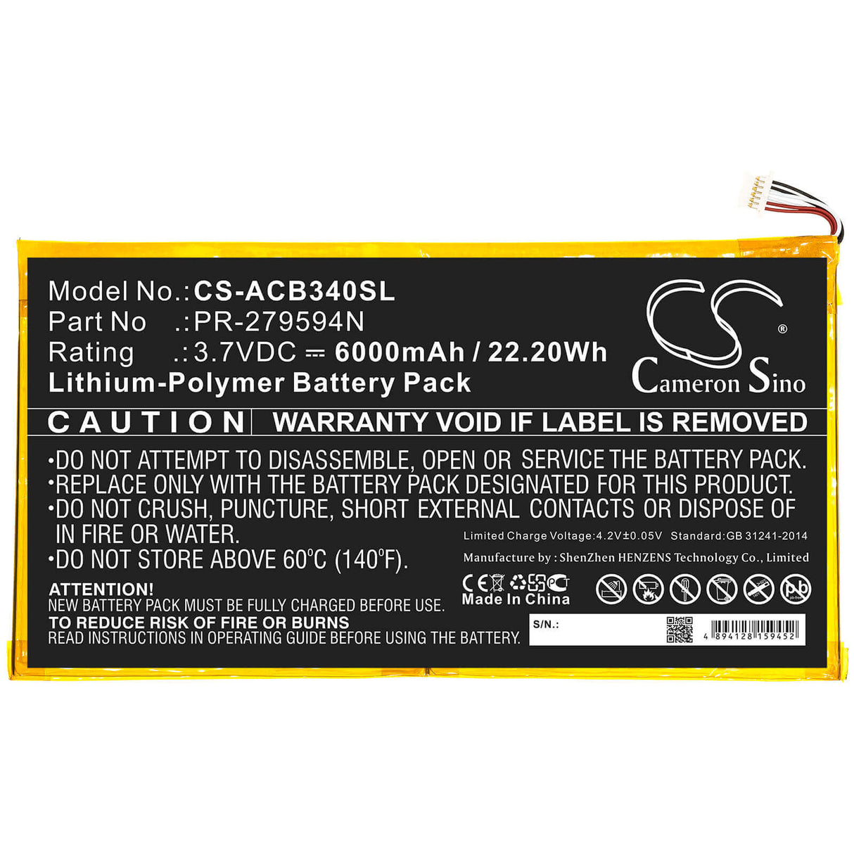 3.7V, Li-Polymer, 6000mAh, Tablet battery fits Acer, Pr-279594n, Iconia One 10 B3-a40, 22.20Wh Tablet Cameron Sino Technology Limited