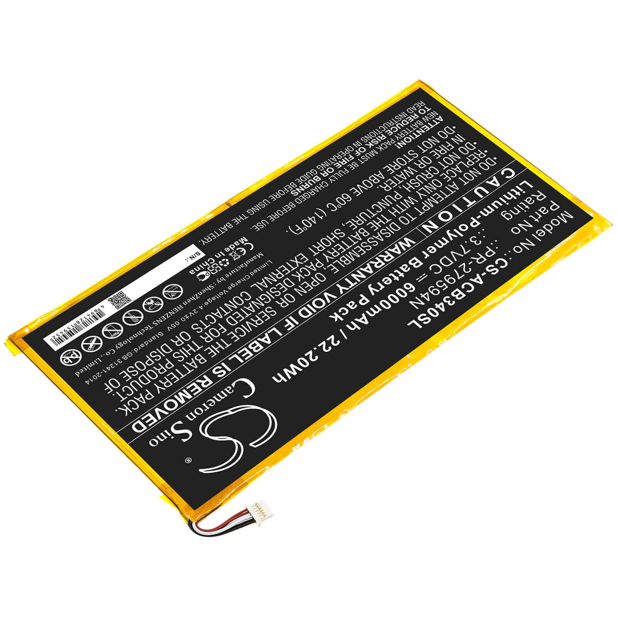 3.7V, Li-Polymer, 6000mAh, Tablet battery fits Acer, Pr-279594n, Iconia One 10 B3-a40, 22.20Wh Tablet Cameron Sino Technology Limited