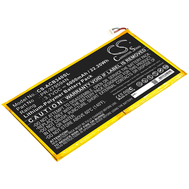 3.7V, Li-Polymer, 6000mAh, Tablet battery fits Acer, Pr-279594n, Iconia One 10 B3-a40, 22.20Wh Tablet Cameron Sino Technology Limited