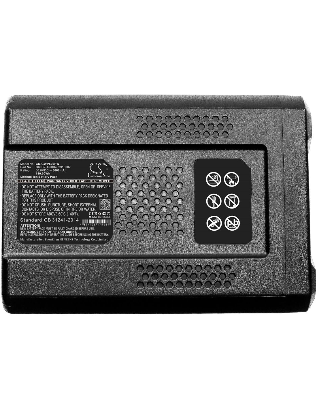 60.0V, Li-ion, 3000mAh, Gardening Tools battery fits Greenworks, 2918307, Gd60ab, Gd60lt, 180.0Wh Gardening Tools Cameron Sino Technology Limited (Dangerous Goods)