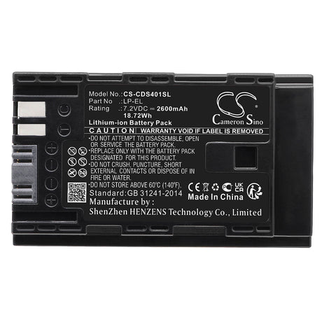 7.2V, Li-ion, 2600mAh, Strobe Lighting battery fits Canon, Lp-el, Ds401231, Speedlite El‑1, 18.72Wh Strobe Lighting Cameron Sino Technology Limited