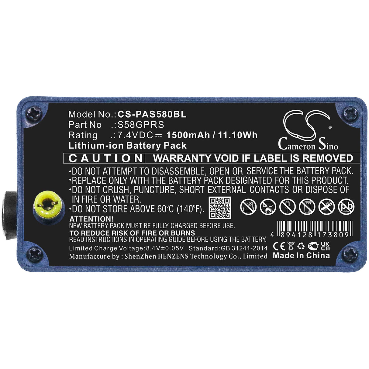 7.4V, Li-ion, 1500mAh, Payment Terminal battery fits Pax, S58gprs, S58, 11.10Wh Payment Terminal Cameron Sino Technology Limited