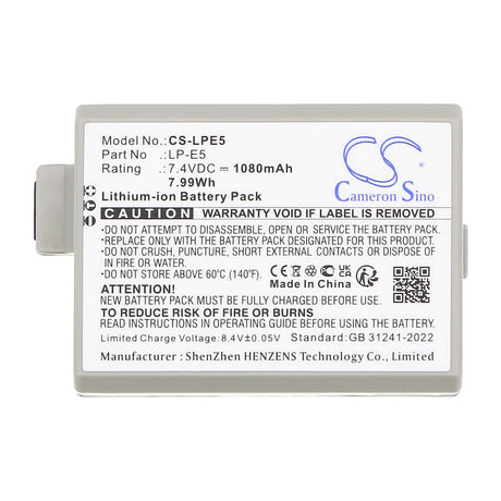 7.4V, Li-ion, 1080mAh, Camera battery fits Canon, Lc-e5, Eos 1000d, Eos 450d, 7.992Wh Camera Cameron Sino Technology Limited (Camera)