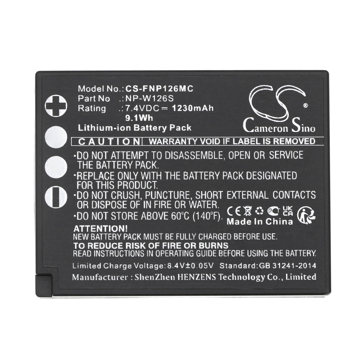 7.4V, Li-ion, 1230mAh, Camera battery fits Fujifilm, Np-w126, Finepix Hs30, Finepix Hs30exr, 9.102Wh Camera Cameron Sino Technology Limited (Camera)