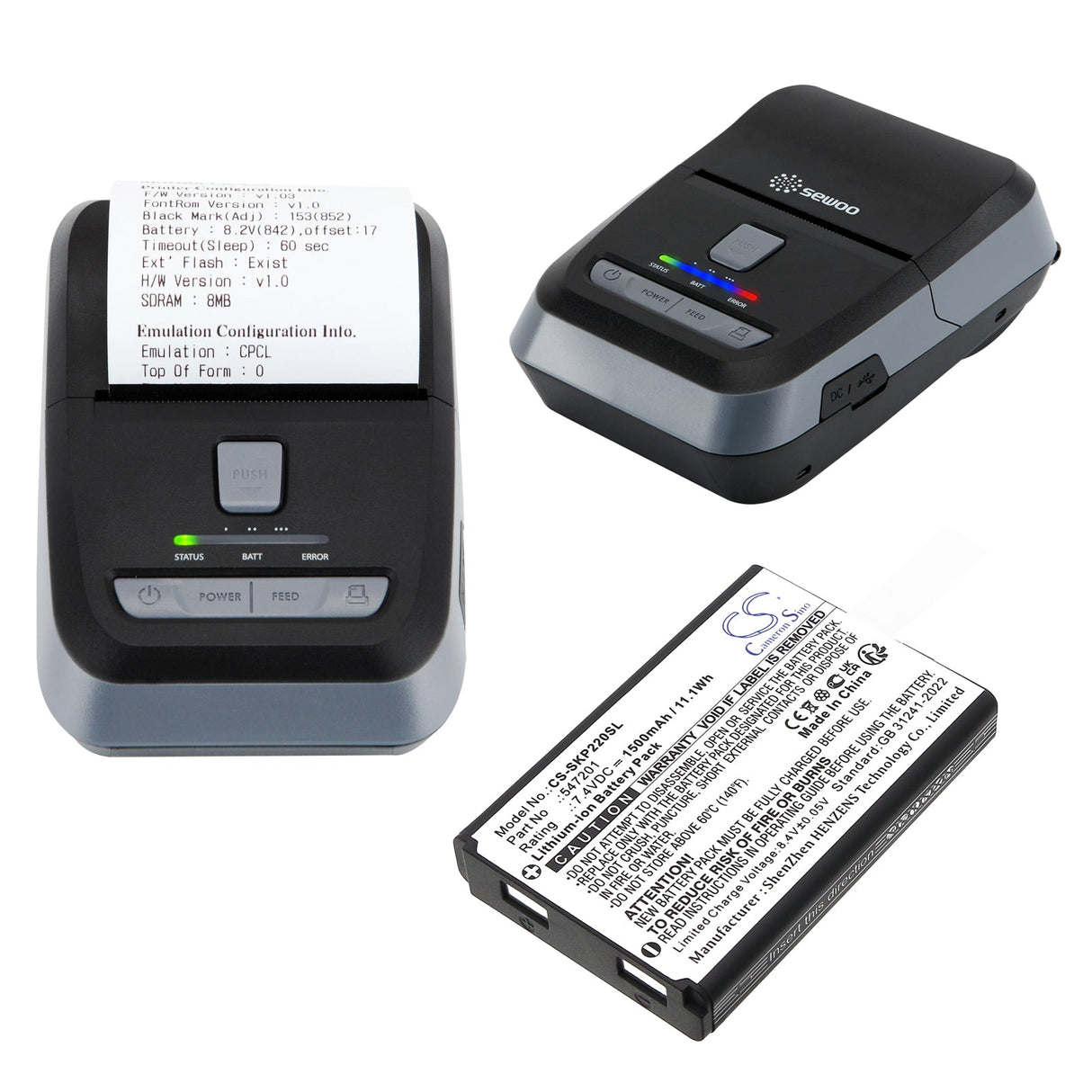 7.4V, Li-ion, 1500mAh, Portable Printer battery fits Sewoo, 547201, Lk-p22, Lk-p24, 11.1Wh Portable Printer Cameron Sino Technology Limited