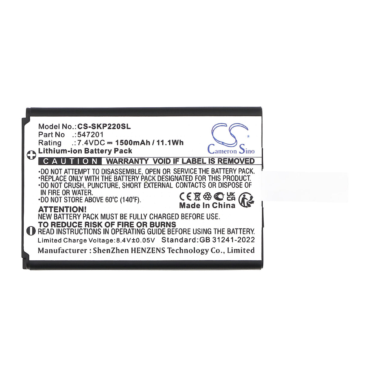 7.4V, Li-ion, 1500mAh, Portable Printer battery fits Sewoo, 547201, Lk-p22, Lk-p24, 11.1Wh Portable Printer Cameron Sino Technology Limited