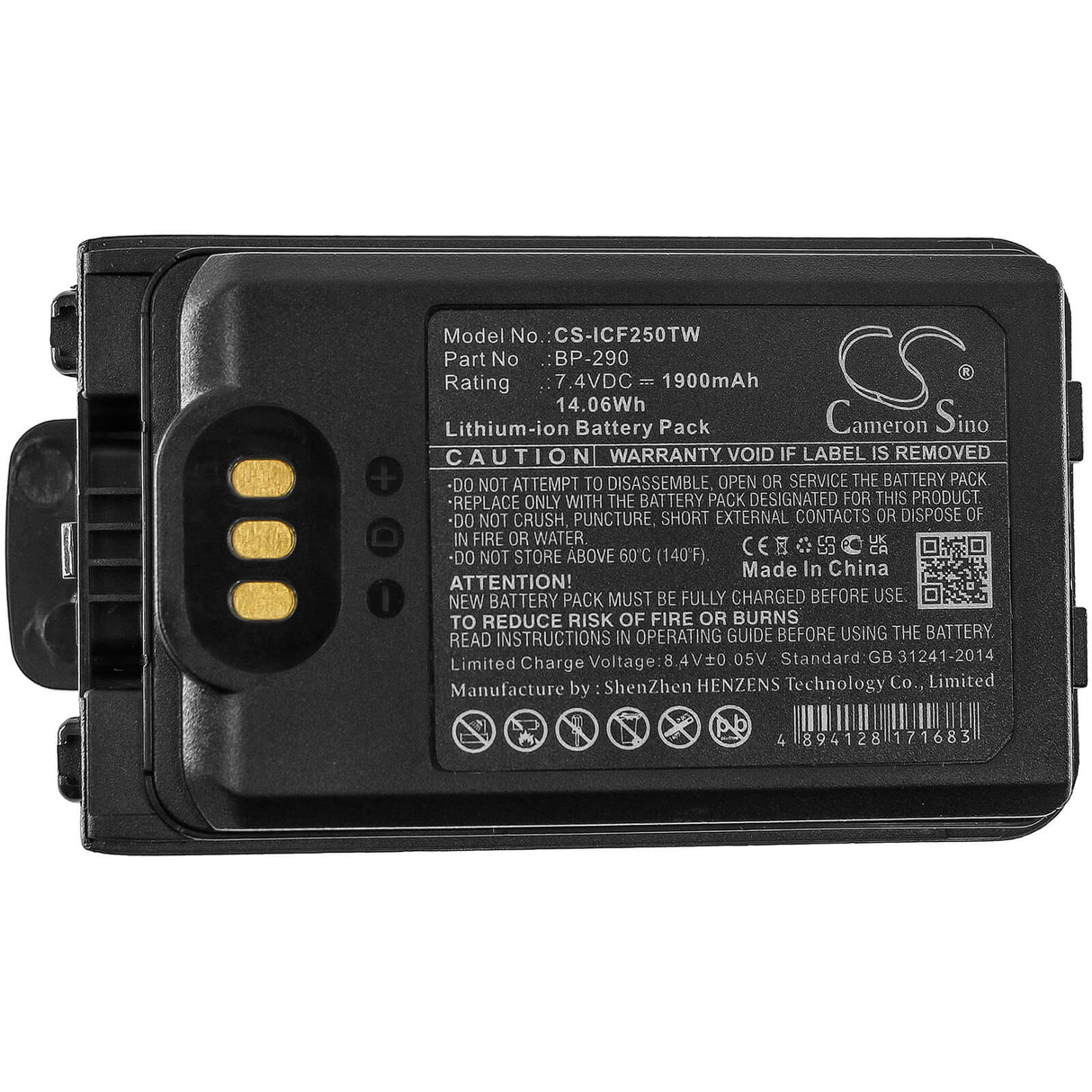 7.4V, Li-ion, 1900mAh, Two-Way Radio battery fits Icom, Bp-290, Ic-f52d, Ic-f62d, 14.06Wh Two-Way Radio Cameron Sino Technology Limited
