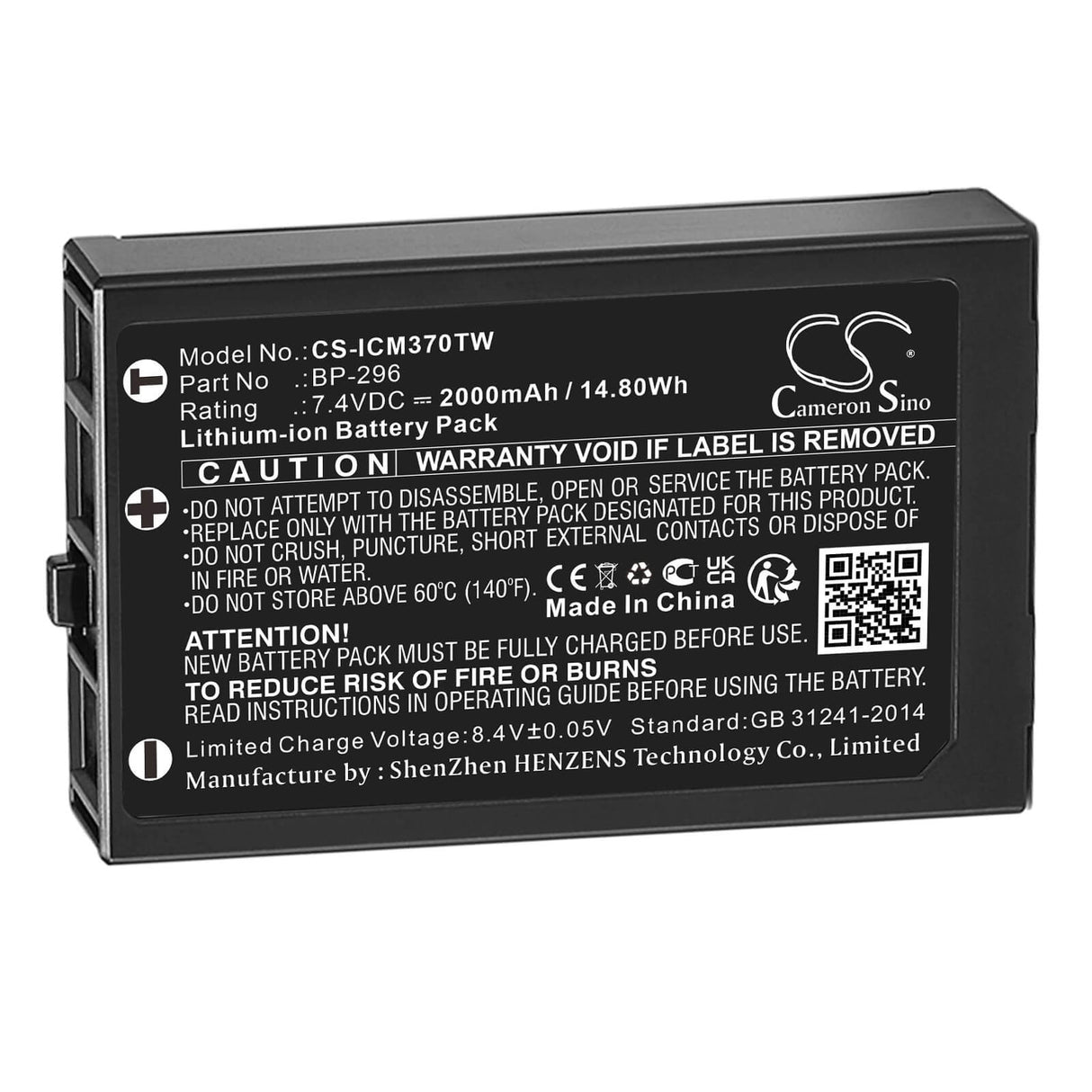3.7V, Li-ion, 2000mAh, Two-Way Radio battery fits Icom, Bp-296, Ic-m37, Ic-m37e, 7.4Wh Two-Way Radio Cameron Sino Technology Limited