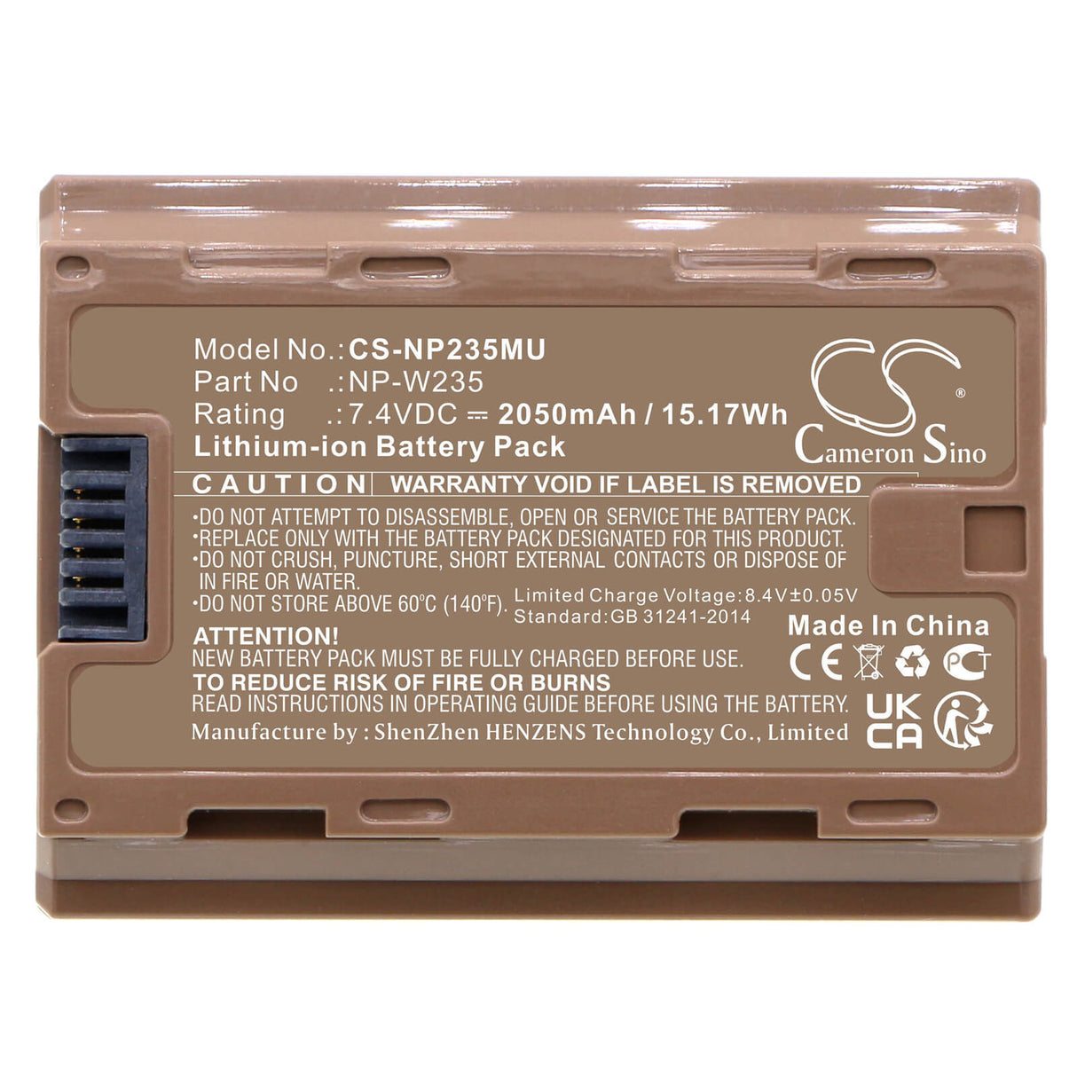 7.4V, Li-ion, 2050mAh, Camera battery fits Fujifilm, Np-w235, Gfx100s, Gfx50s Ii, 15.17Wh Camera Cameron Sino Technology Limited (Camera)