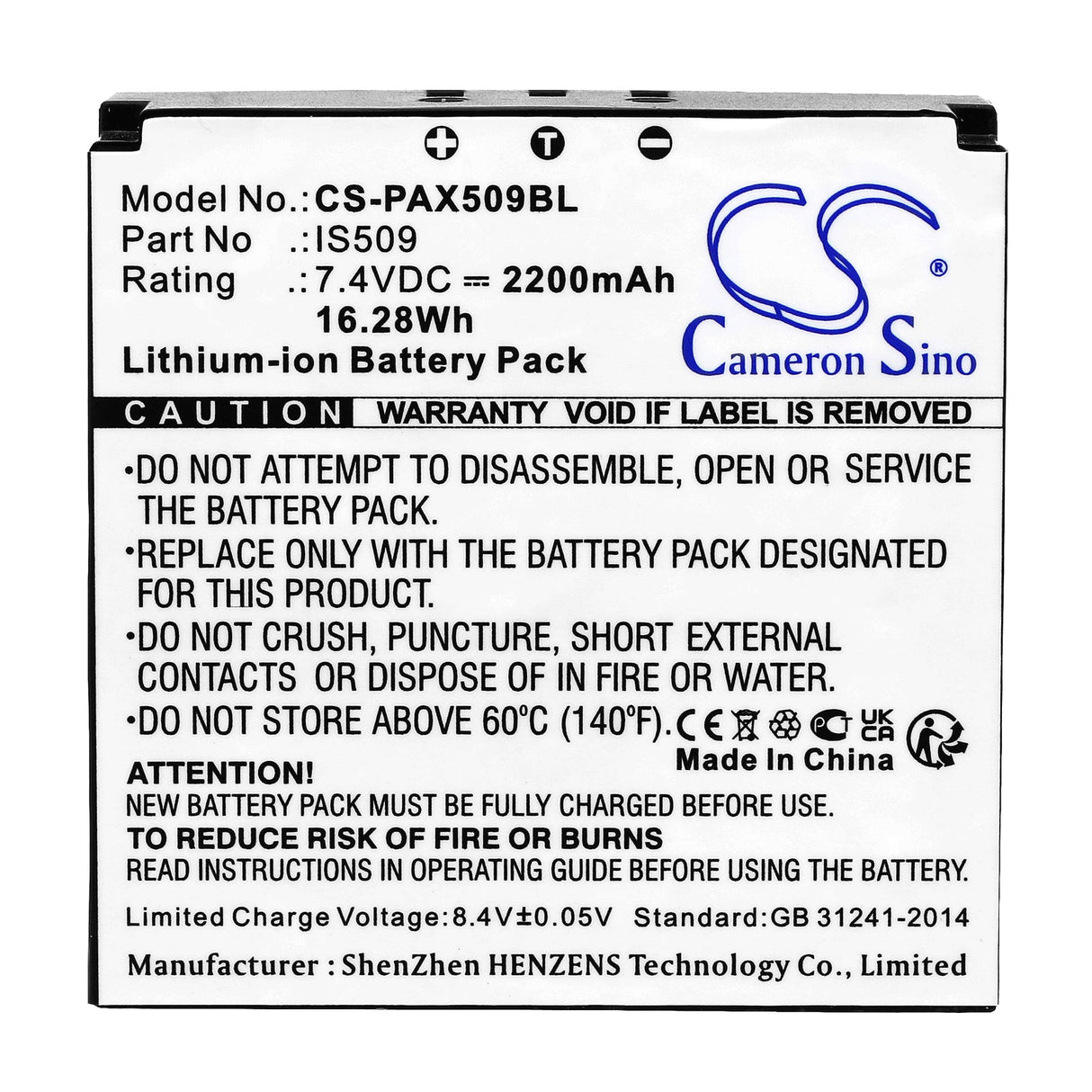 7.4V, Li-ion, 2200mAh, Payment Terminal battery fits Pax, Is509, S900, 16.28Wh Payment Terminal Cameron Sino Technology Limited