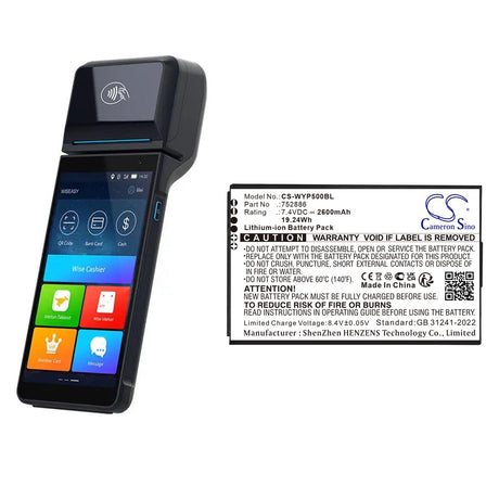 7.4V, Li-ion, 2600mAh, Payment Terminal battery fits Wiseasy, 752886, N6, P5, 19.24Wh Payment Terminal Cameron Sino Technology Limited