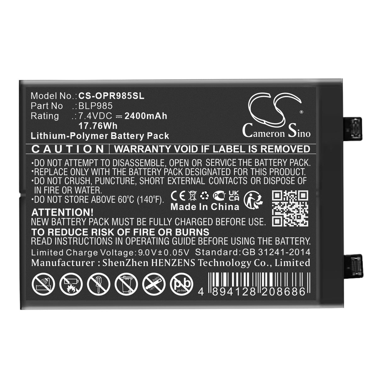 7,4V, Li-Polymère, 2400mAh, Batterie de smartphone compatible avec Realme, Oppo, Blp985, Realme Gt Neo5, 17,76Wh Mobile, Smartphone Cameron Sino Technology Limited (Smartphone)