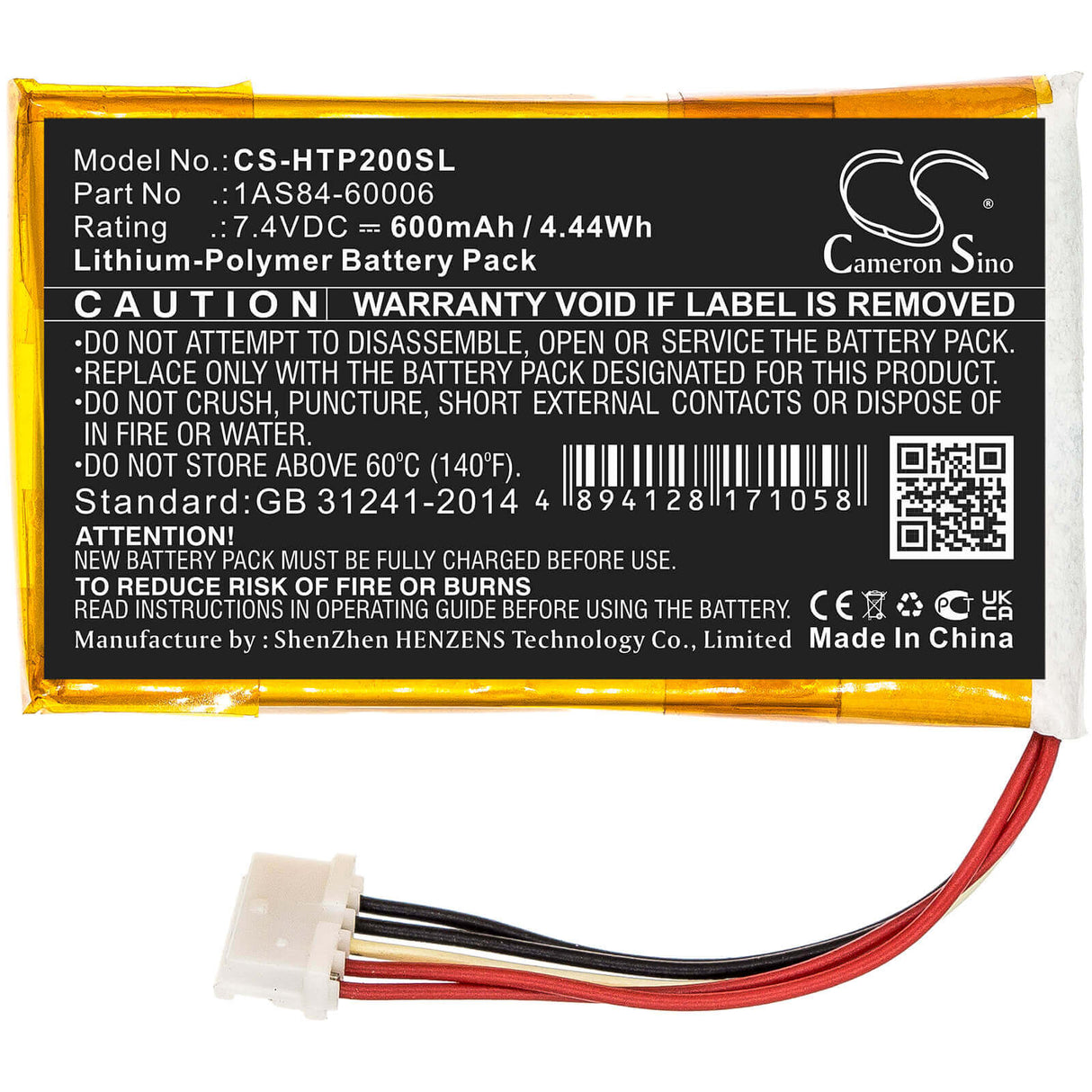 7.4V, Li-Polymer, 600mAh, Photo Printer battery fits Hp, 1as84-60006, Sprocket 200, 4.44Wh Photo Printer Cameron Sino Technology Limited