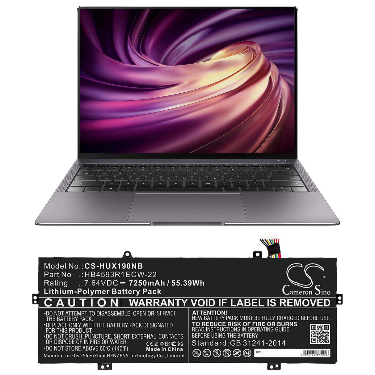 7.64v, Li-ion, 7250mah, Battery Fit's Huawei, Mach-w19l, Matebook X Pro 2020, Vlt-w60, 55.39wh Notebook, Laptop Cameron Sino Technology Limited   