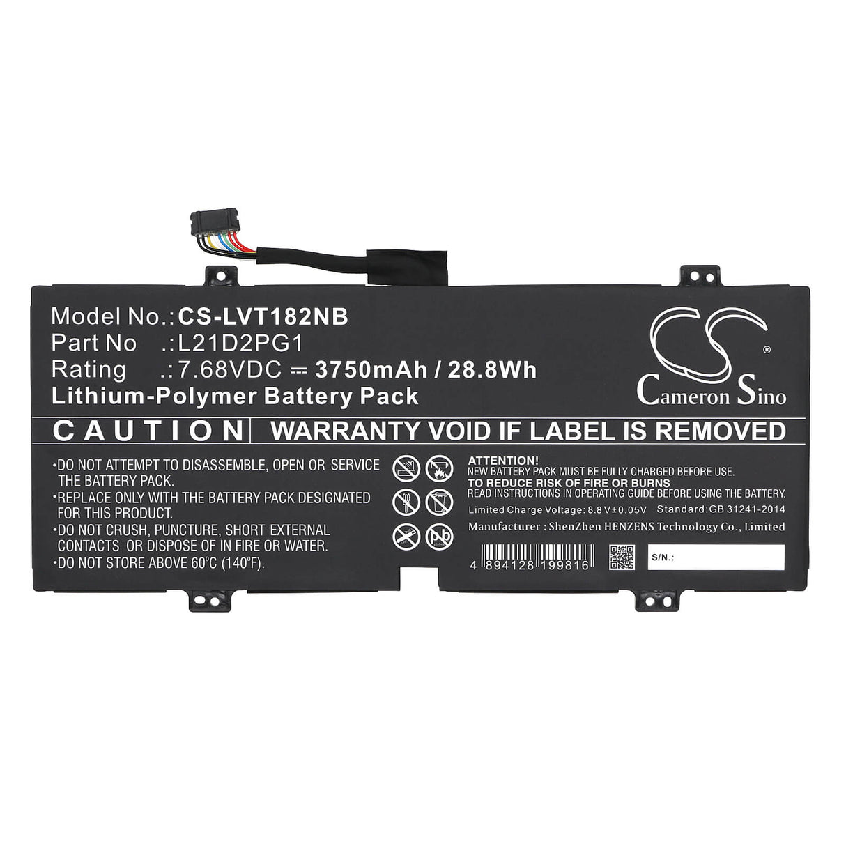7.68V, Li-Polymer, 3750mAh, Notebook Battery fits Lenovo, 10w-82st Tablet, 10w-82st0000jp, 28.8Wh Notebook, Laptop Cameron Sino Technology Limited