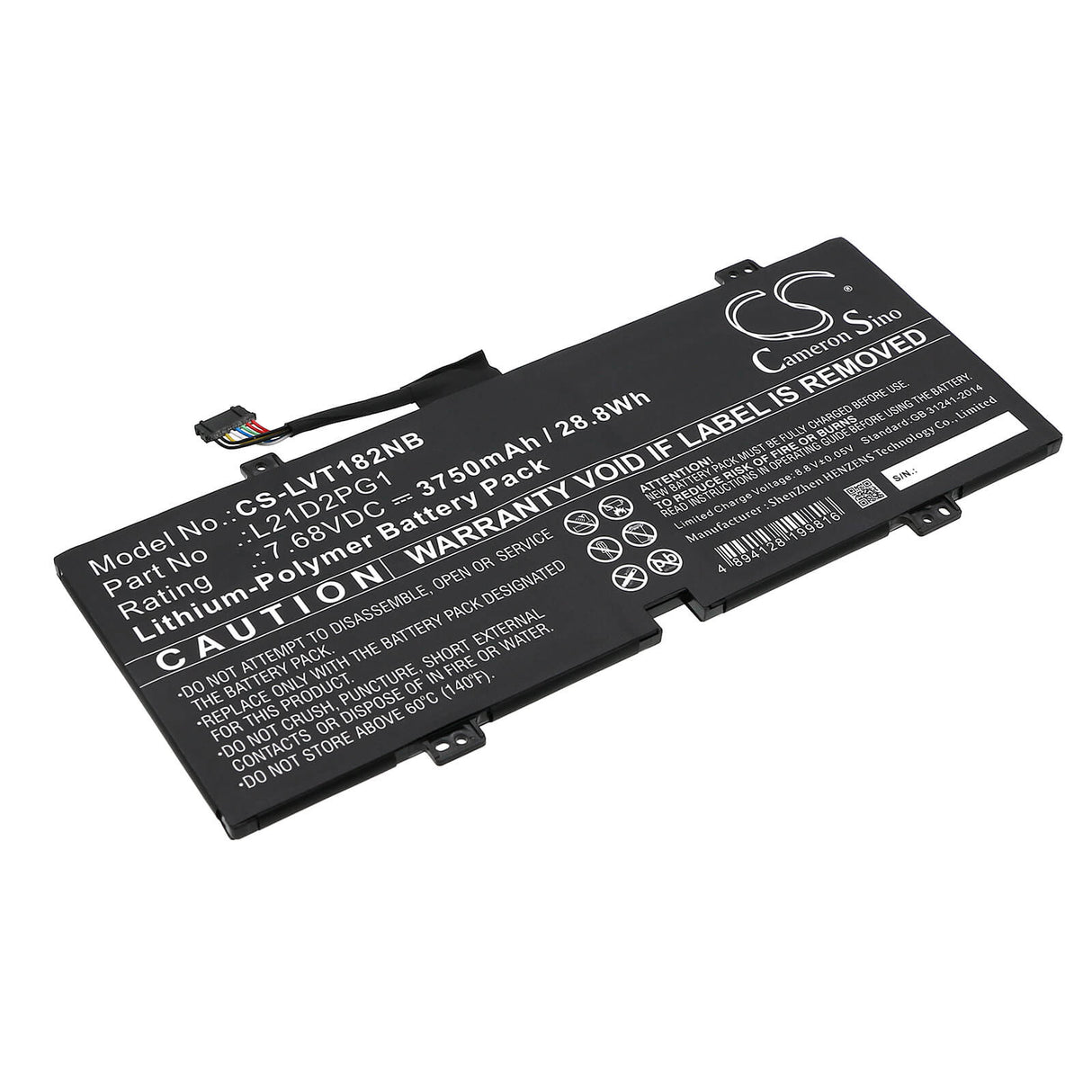 7.68V, Li-Polymer, 3750mAh, Notebook Battery fits Lenovo, 10w-82st Tablet, 10w-82st0000jp, 28.8Wh Notebook, Laptop Cameron Sino Technology Limited