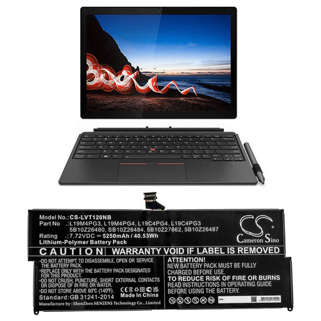 7.72v, Li-polymer, 5250mah, Battery Fit's Lenovo, Thinkpad X12 Detachable, 40.53wh Notebook, Laptop Cameron Sino Technology Limited   