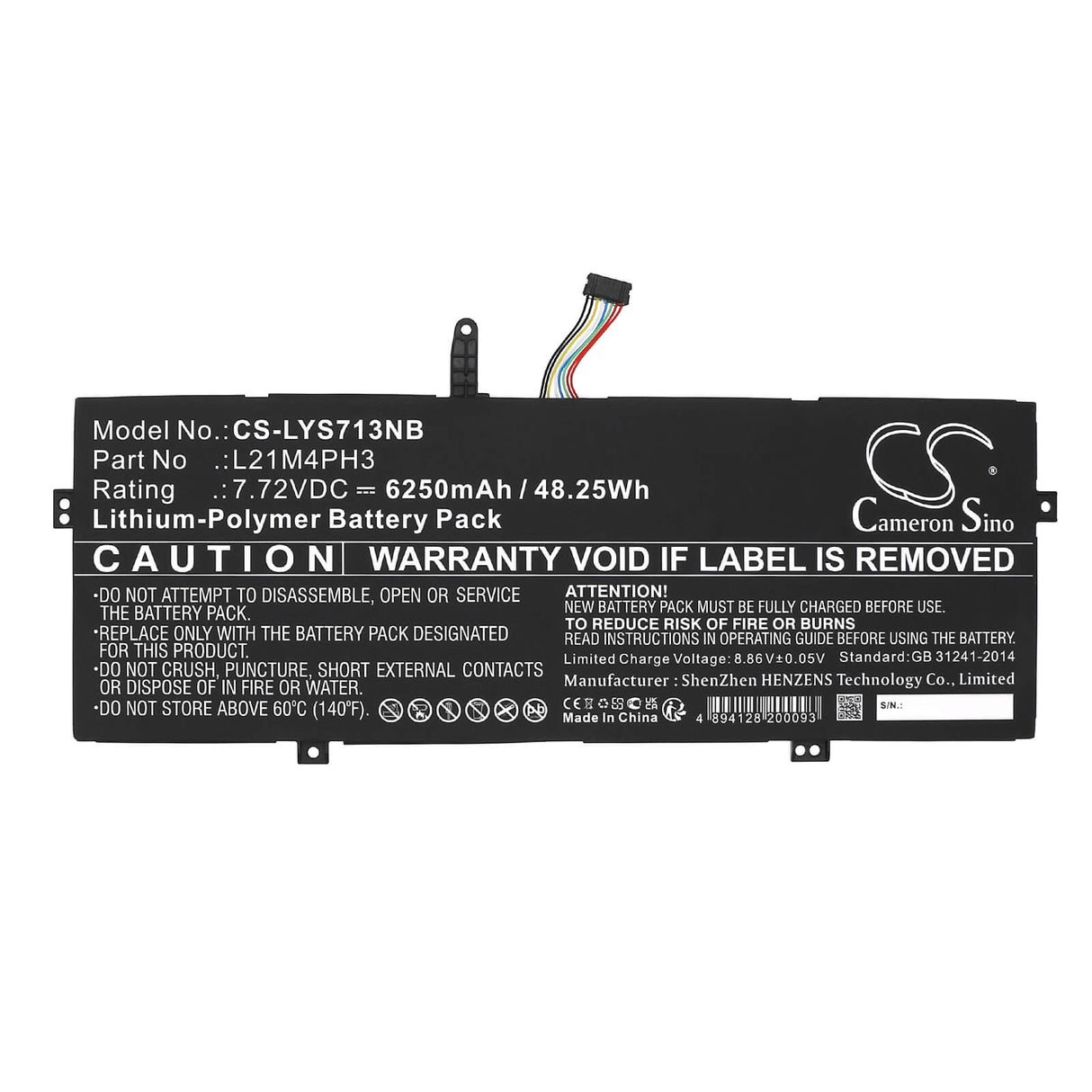 7.72V, Li-Polymer, 6250mAh, Notebook Battery fits Lenovo, Yoga Slim 7 Carbon 13iap7 82u9, Yoga Slim 7 Carbon 13iap7 82u9, 48.25Wh Notebook, Laptop Cameron Sino Technology Limited