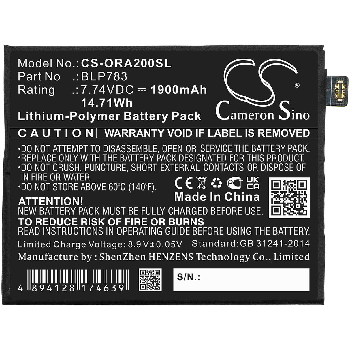 7.74V, Li-Polymer, 1900mAh, SmartPhone battery fits Oppo, Blp783, Ace2 2020, Pdhm00, 14.71Wh Mobile, SmartPhone Cameron Sino Technology Limited (Smartphone)
