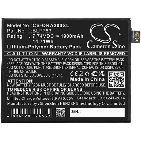 7.74V, Li-Polymer, 1900mAh, SmartPhone battery fits Oppo, Blp783, Ace2 2020, Pdhm00, 14.71Wh Mobile, SmartPhone Cameron Sino Technology Limited (Smartphone)