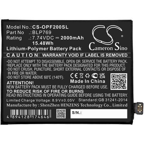 7.74V, Li-Polymer, 2000mAh, SmartPhone battery fits Oppo, Blp769, Find X2, Pdem10, 15.48Wh Mobile, SmartPhone Cameron Sino Technology Limited (Smartphone)