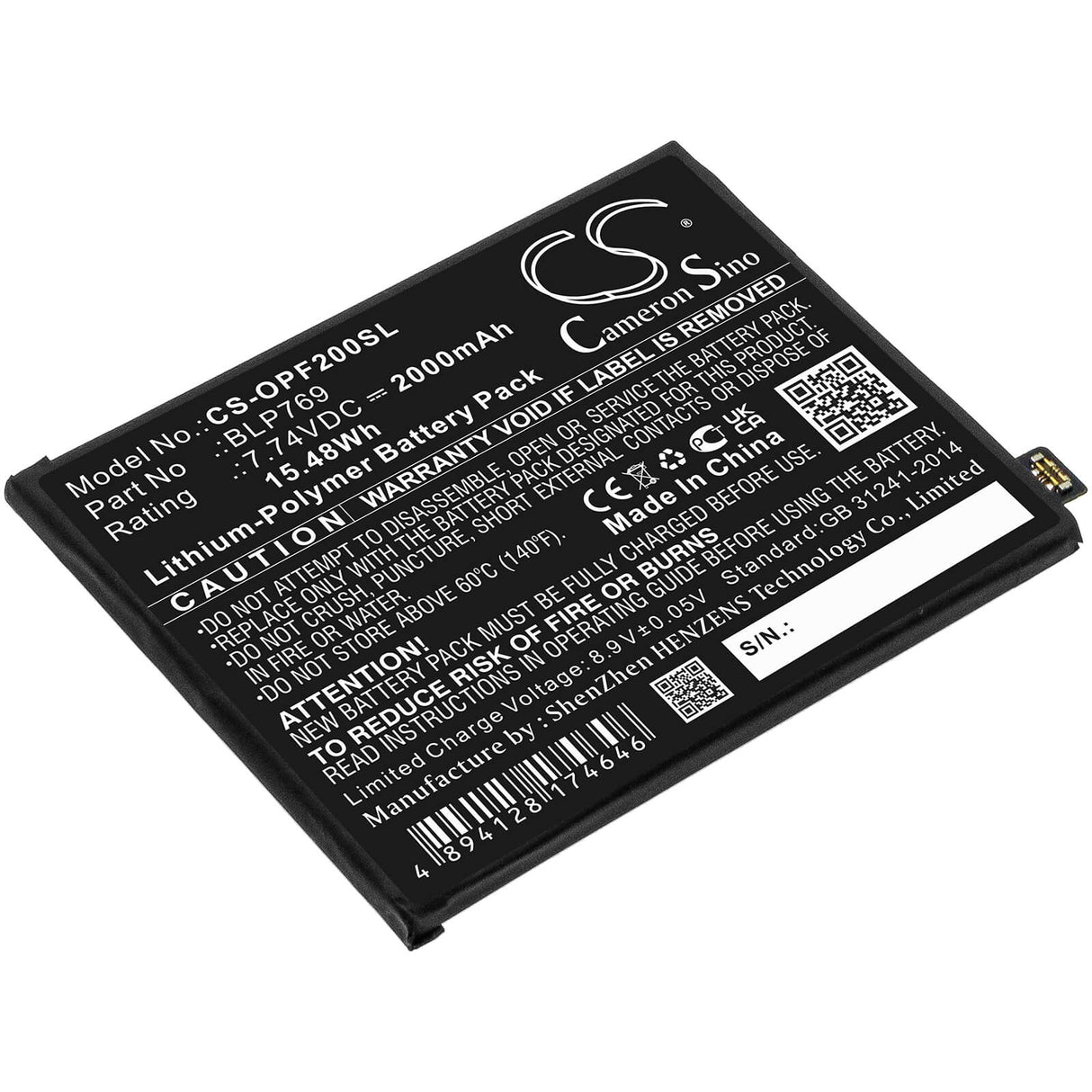 7.74V, Li-Polymer, 2000mAh, SmartPhone battery fits Oppo, Blp769, Find X2, Pdem10, 15.48Wh Mobile, SmartPhone Cameron Sino Technology Limited (Smartphone)