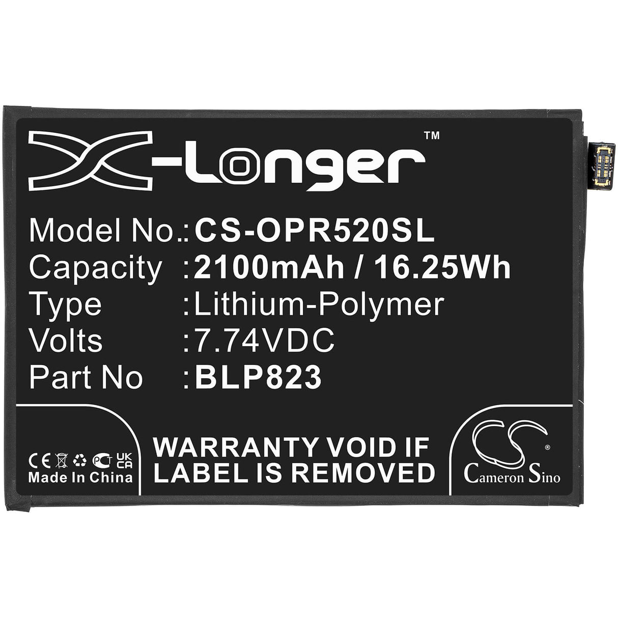 7.74V, Li-Polymer, 2100mAh, SmartPhone battery fits Oppo, Blp823, Cph2201, Pdsm00, 16.25Wh Mobile, SmartPhone Cameron Sino Technology Limited (Smartphone)