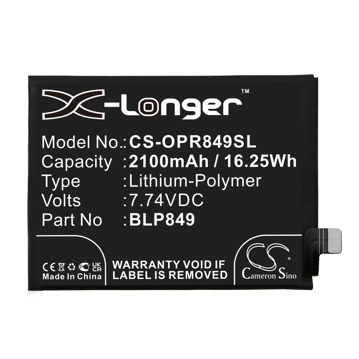 7.74V, Li-Polymer, 2100mAh, SmartPhone battery fits Oppo, Blp849, Realme Gt, Realme Gt Neo, 16.25Wh Mobile, SmartPhone Cameron Sino Technology Limited (Smartphone)