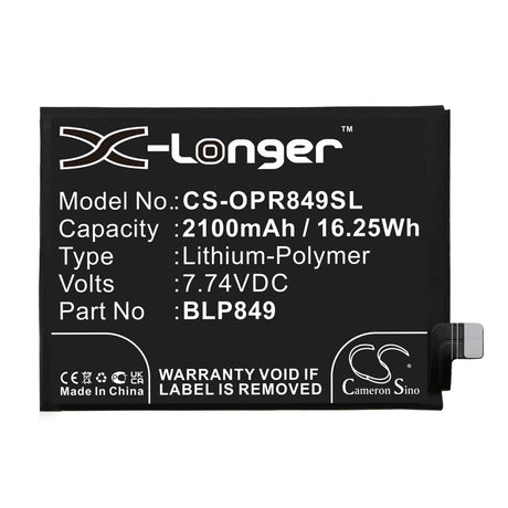 7.74V, Li-Polymer, 2100mAh, SmartPhone battery fits Oppo, Blp849, Realme Gt, Realme Gt Neo, 16.25Wh Mobile, SmartPhone Cameron Sino Technology Limited (Smartphone)
