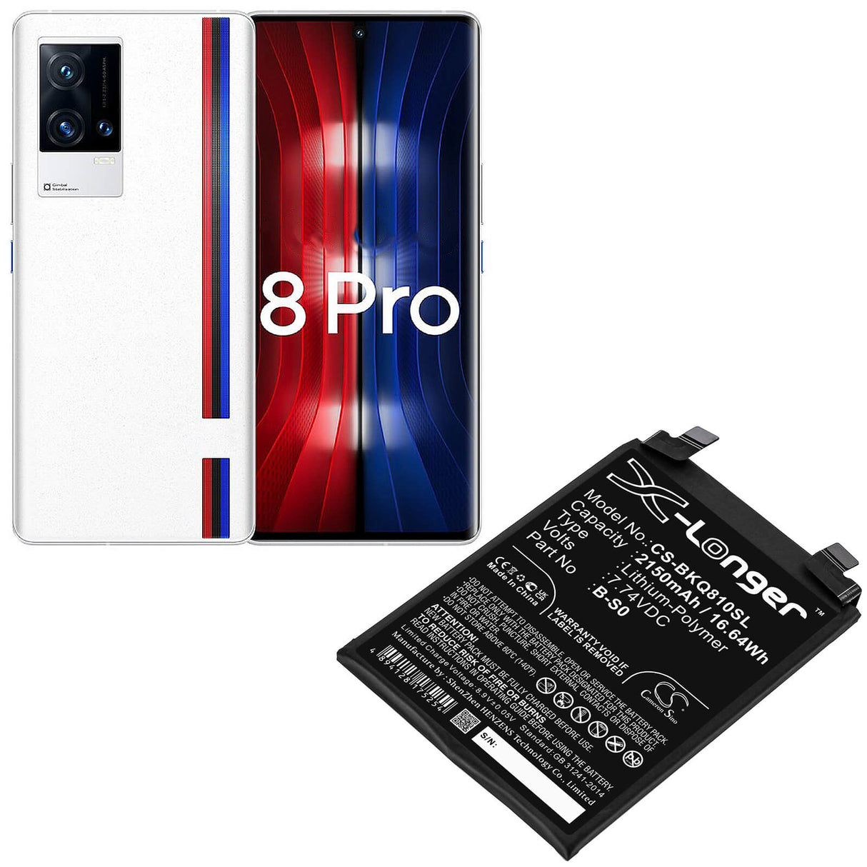 7.74V, Li-Polymer, 2150mAh, SmartPhone battery fits Iqoo, Vivo, B-s0, 8 Pro, V2141a, 16.64Wh Mobile, SmartPhone Cameron Sino Technology Limited (Smartphone)