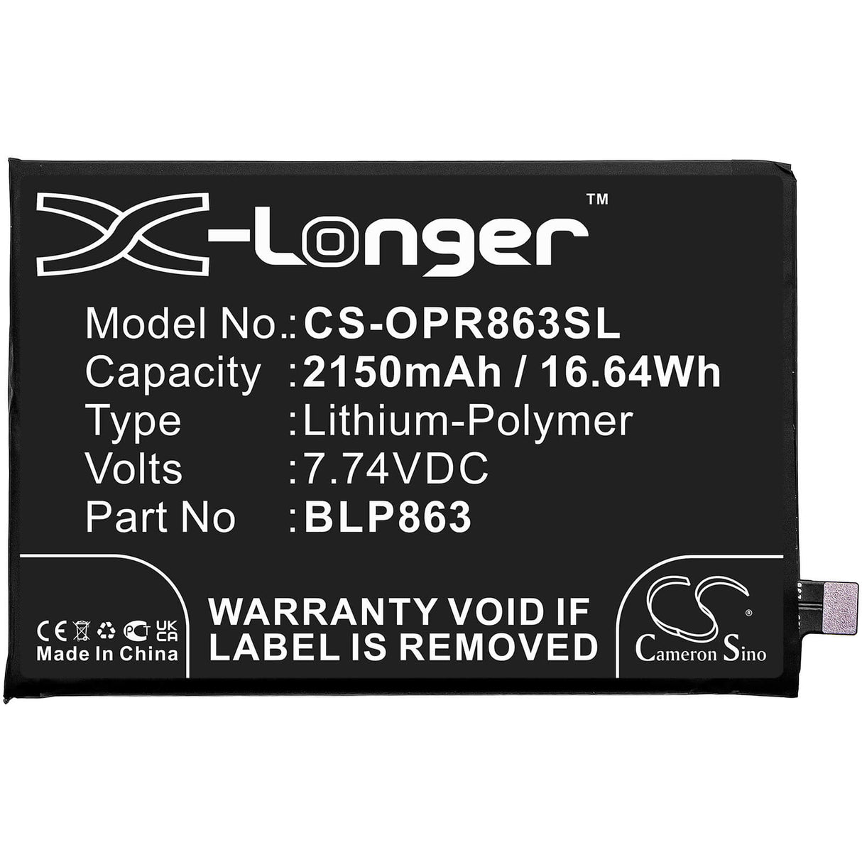 7.74V, Li-Polymer, 2150mAh, SmartPhone battery fits Oppo, Blp863, Cph2235, Reno6, 16.64Wh Mobile, SmartPhone Cameron Sino Technology Limited (Smartphone)