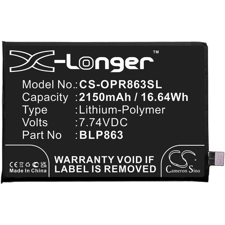 7.74V, Li-Polymer, 2150mAh, SmartPhone battery fits Oppo, Blp863, Cph2235, Reno6, 16.64Wh Mobile, SmartPhone Cameron Sino Technology Limited (Smartphone)