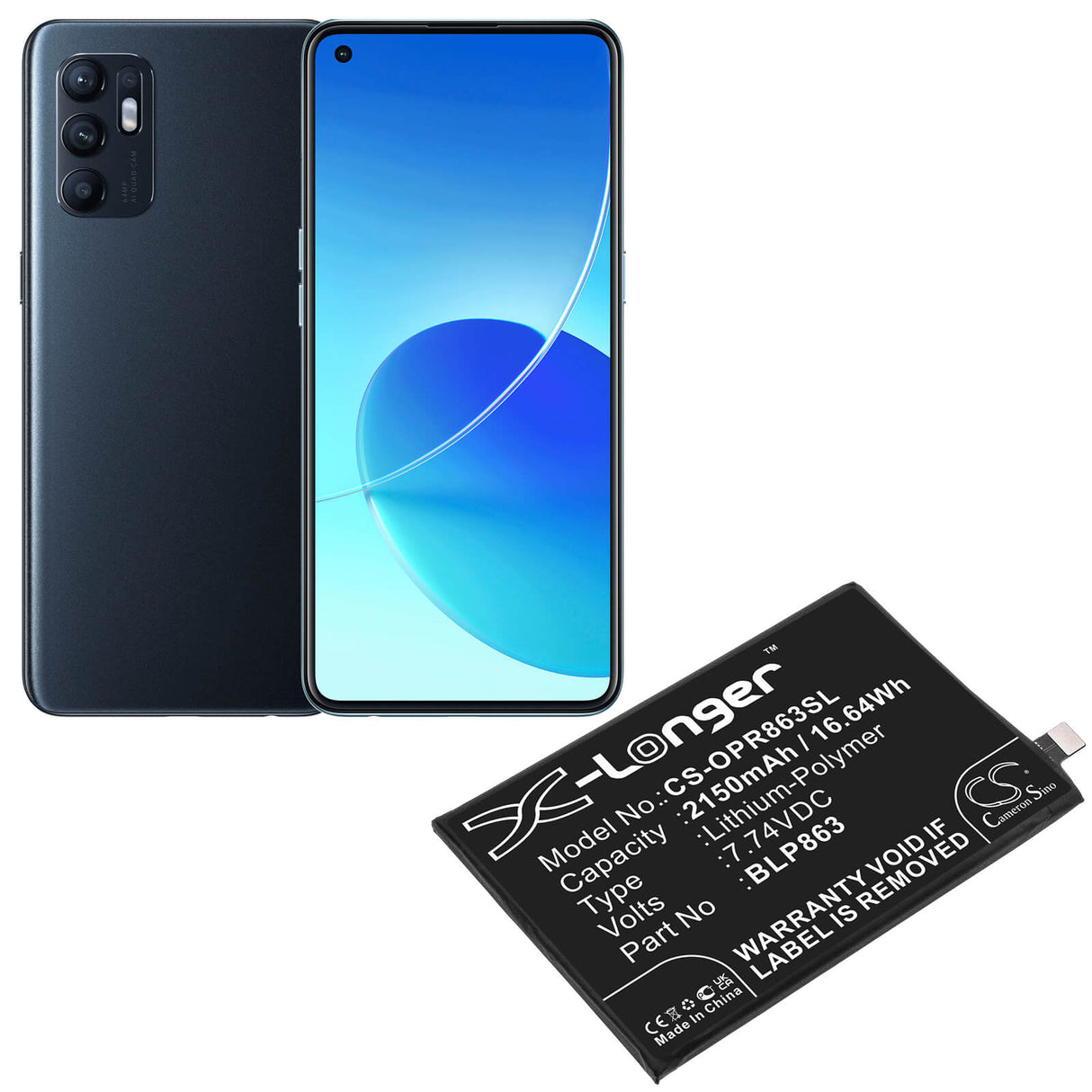 7.74V, Li-Polymer, 2150mAh, SmartPhone battery fits Oppo, Blp863, Cph2235, Reno6, 16.64Wh Mobile, SmartPhone Cameron Sino Technology Limited (Smartphone)
